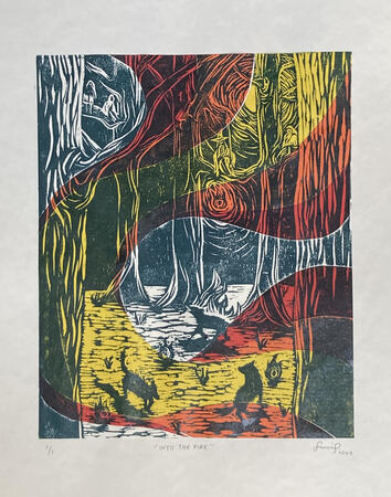 "Into The Fire" (2024), rubbercut print + chine collé