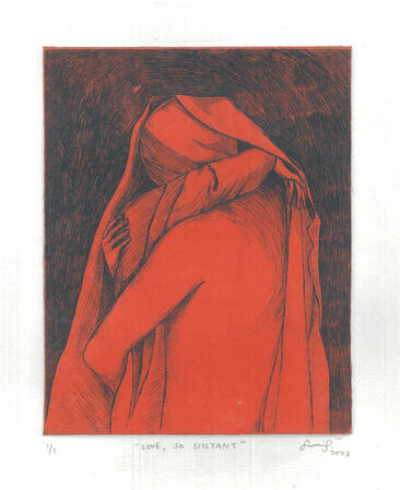 "Love, So Distant" (2023), drypoint + aquatint printf