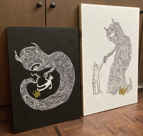"Old Friend Again" &amp; "Old Friends" (2025, 2024), digital illustration, giclée print on Awagami Unryu paper and pinewood stretchers
